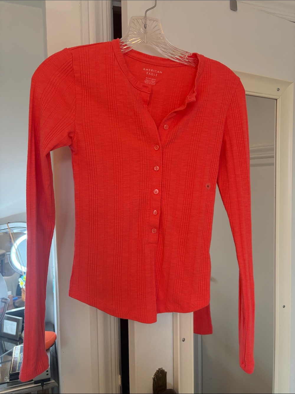 American Eagle Outfitters Long-Sleeve Ribbed Henley Top - Red-Orange long sleeve